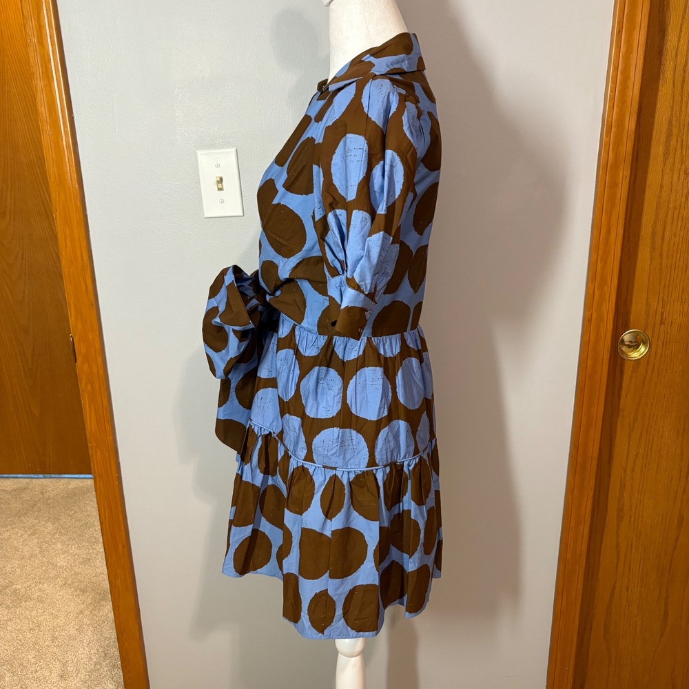 Anthropologie Farm Rio Mini Dress Blue Puff Sleeve Bow Vacay Resort Retro S NWT - Picture 7 of 16